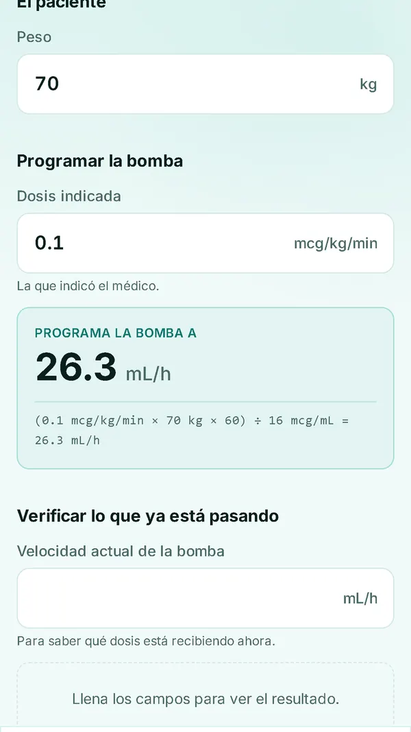 Conversor de infusión de AMIA Enfermería: la dosis indicada en mcg/kg/min convertida a mL/h para la bomba, con la fórmula a la vista.