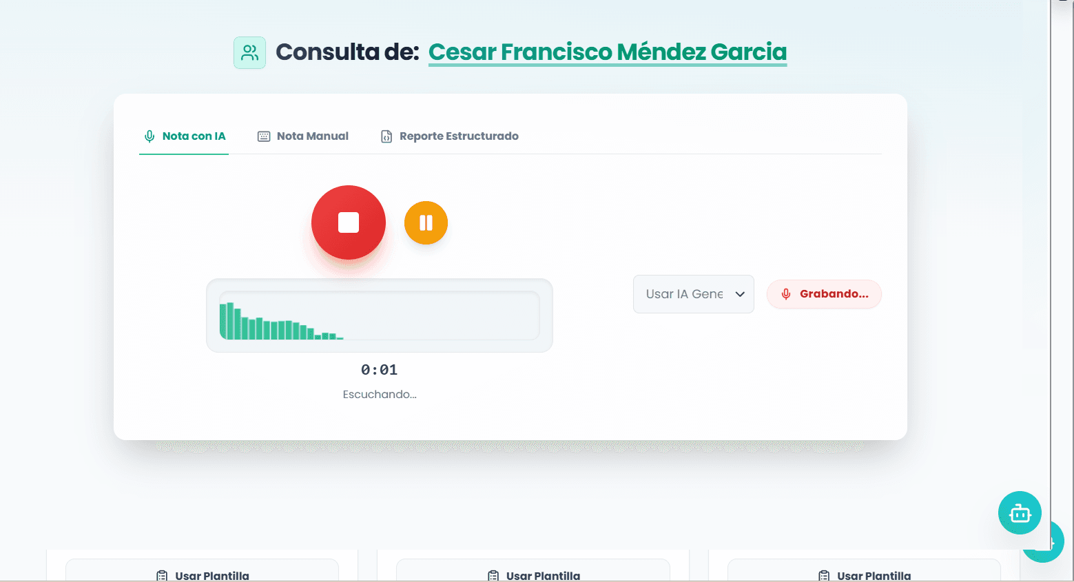 Consulta en AMIA Médico: la voz del médico transcrita y convertida en nota SOAP, con los diagnósticos y estudios detectados a un lado.