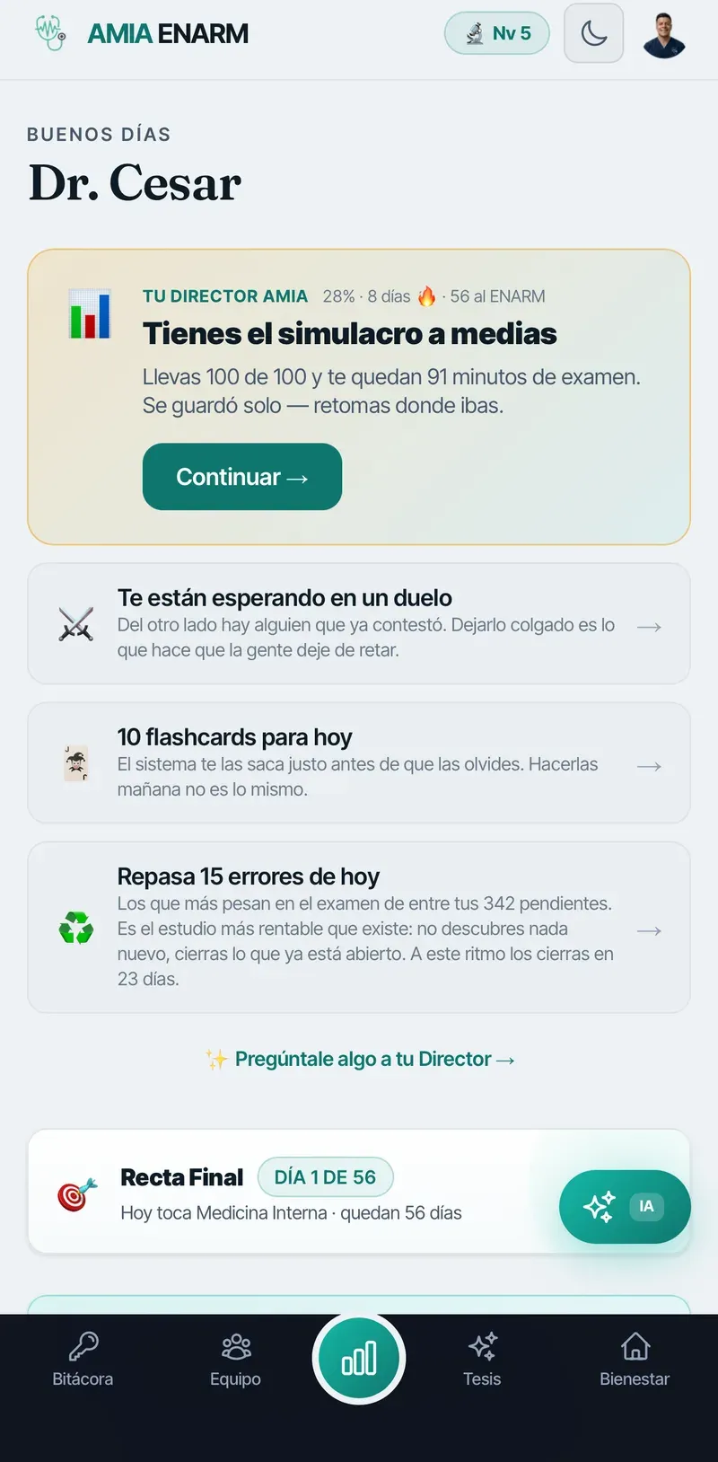 Inicio de AMIA ENARM con el simulacro pendiente, las flashcards del día y los errores por repasar.