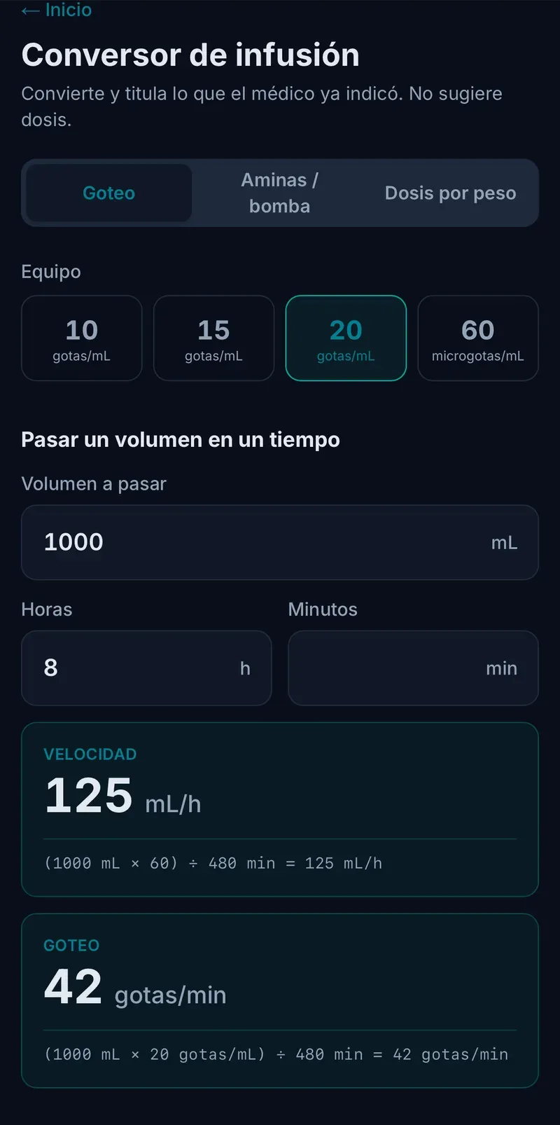 Conversor de infusión resolviendo 1000 mL en 8 horas a 125 mL/h y 42 gotas por minuto.