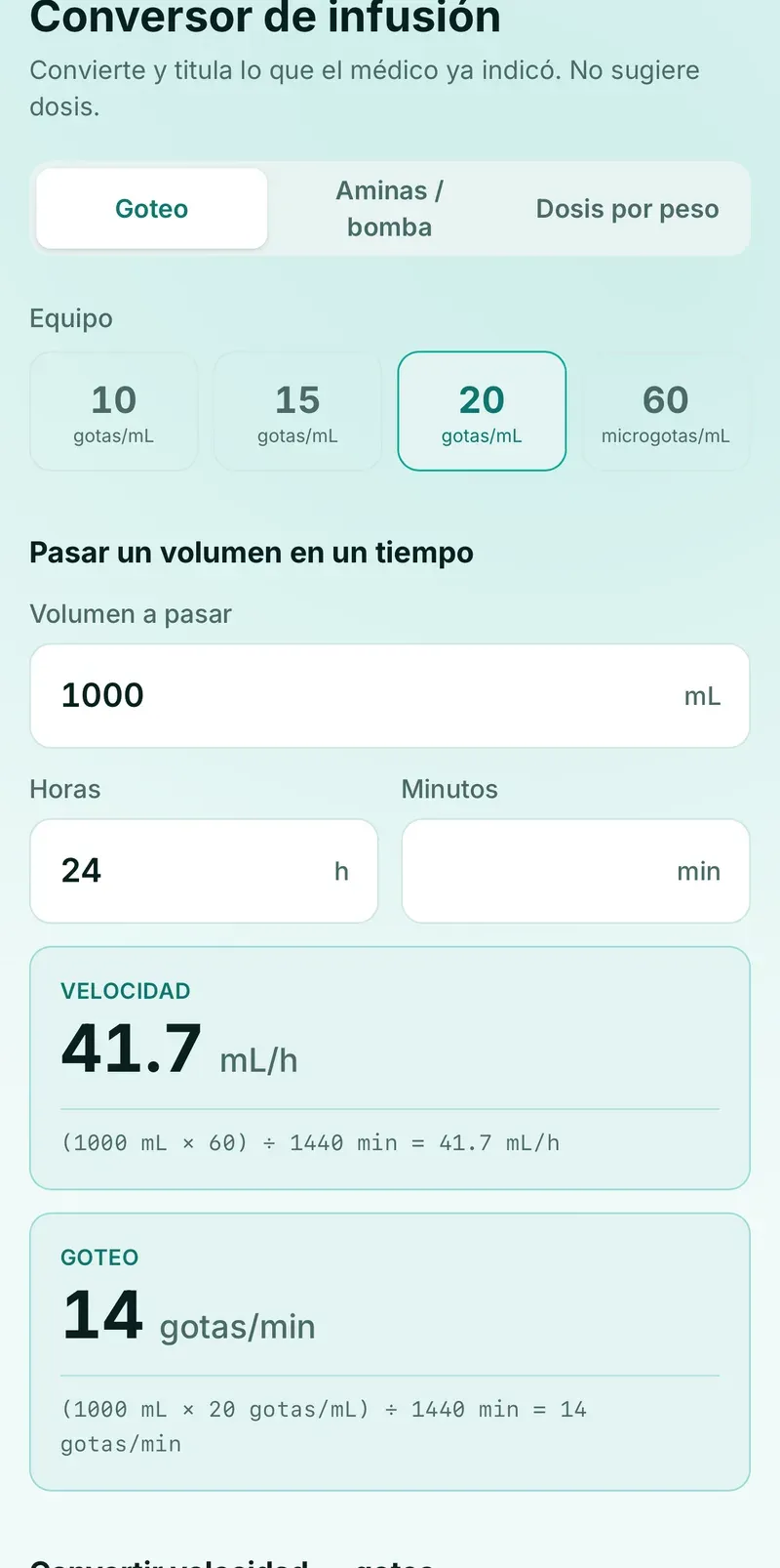 Conversor de infusión resolviendo 1000 mL en 8 horas a 125 mL/h y 42 gotas por minuto.