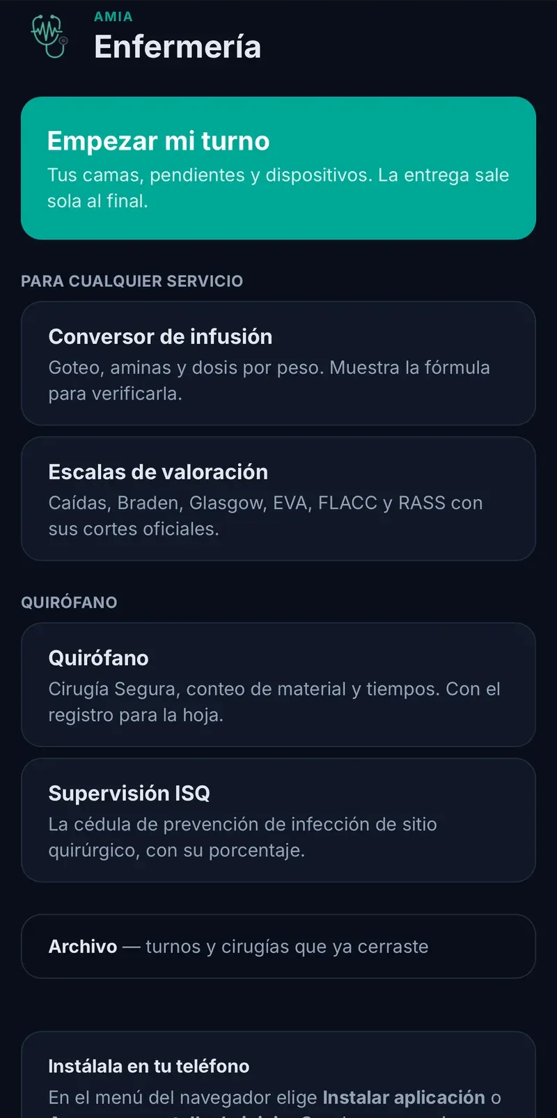 Pantalla de inicio de AMIA Enfermería con los accesos a cálculo, escalas, turno y archivo.