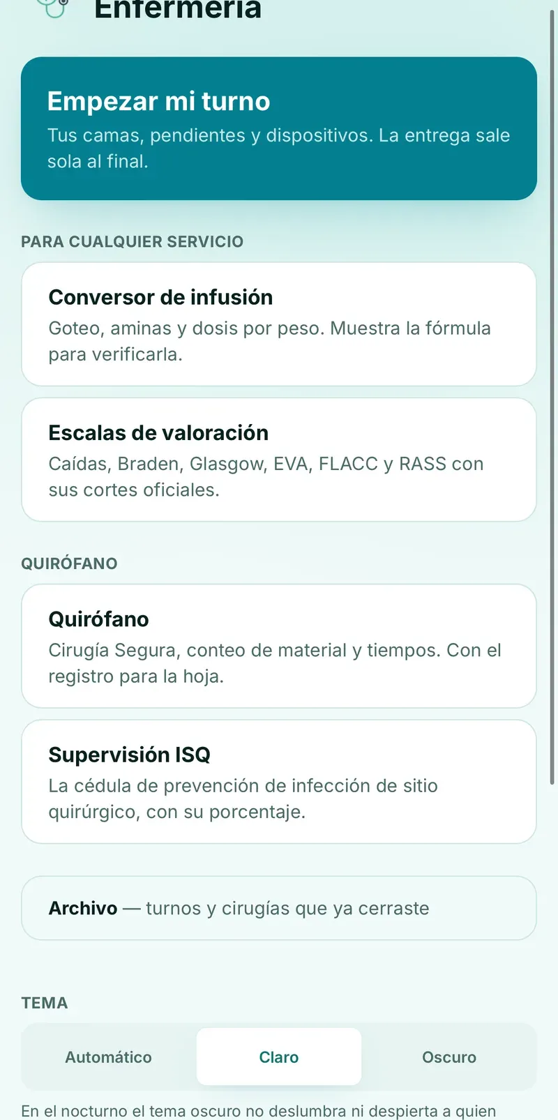 Pantalla de inicio de AMIA Enfermería con los accesos a cálculo, escalas, turno y archivo.