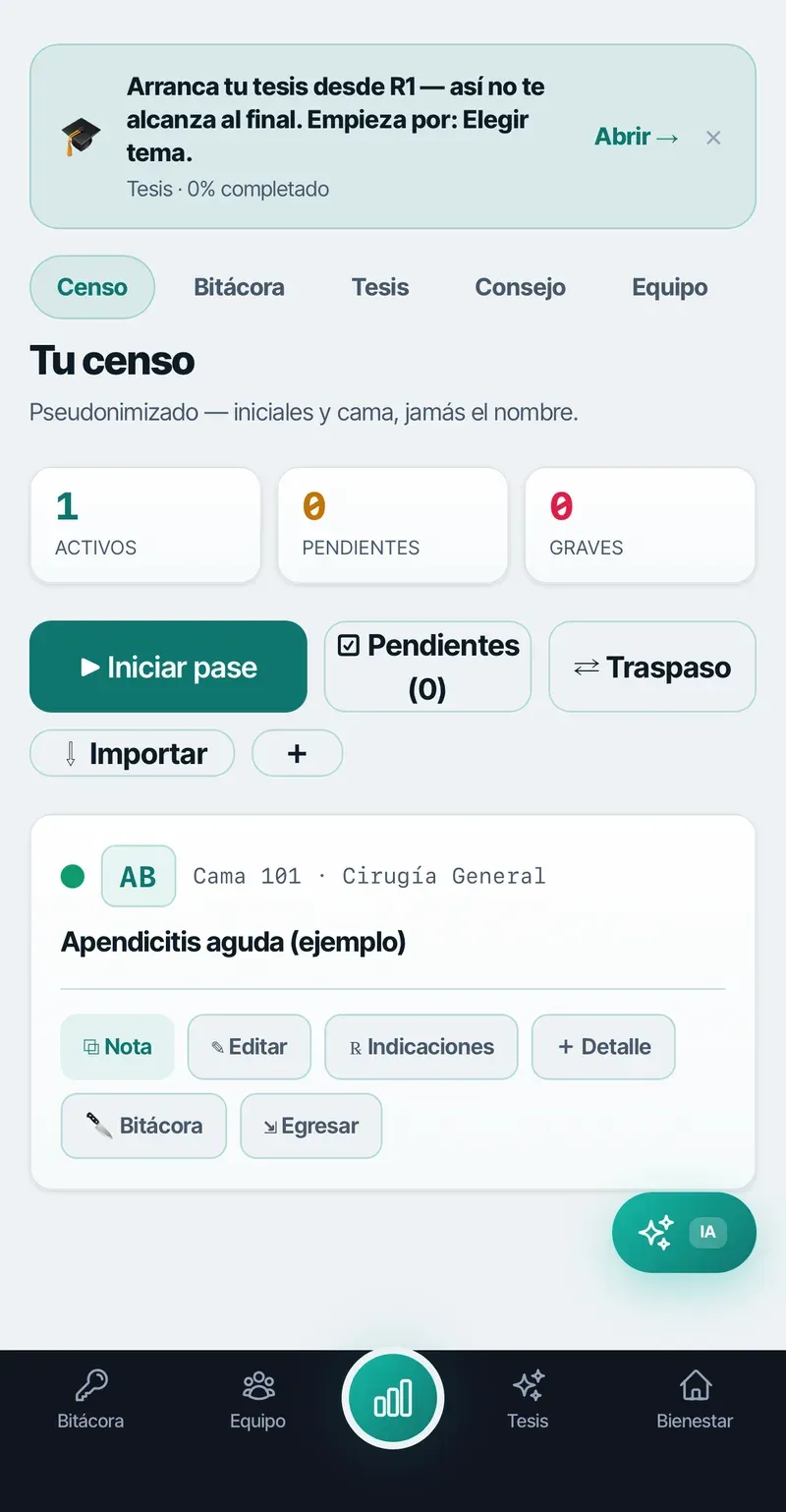Censo de AMIA Residente: pacientes activos, pendientes y graves, con la tarjeta de un caso pseudonimizado por iniciales y cama.