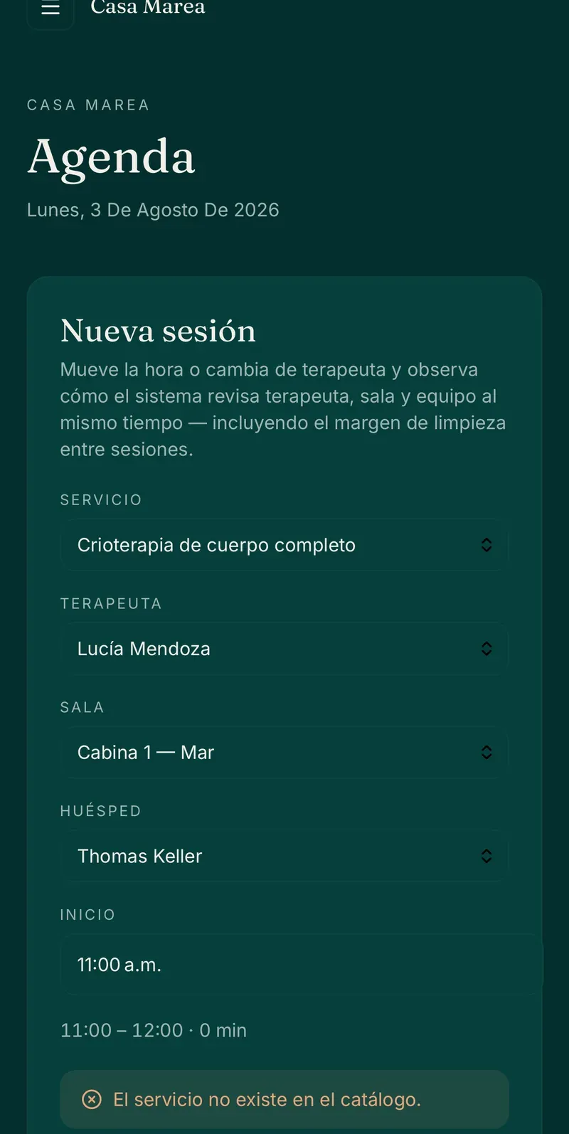 Agenda del centro wellness con las sesiones del día por recurso.