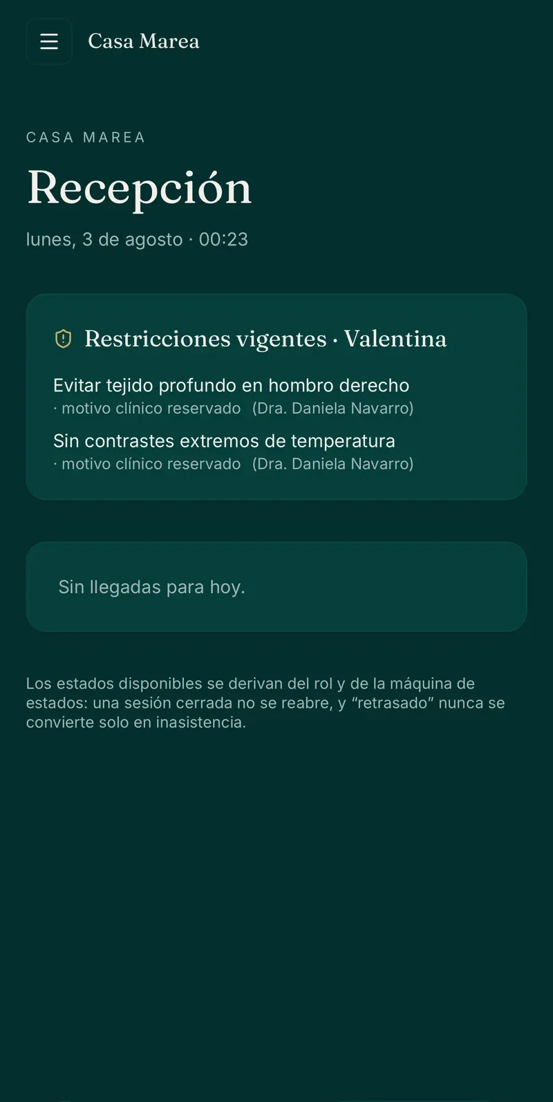 Recepción con las restricciones clínicas vigentes de un miembro y las llegadas del día.