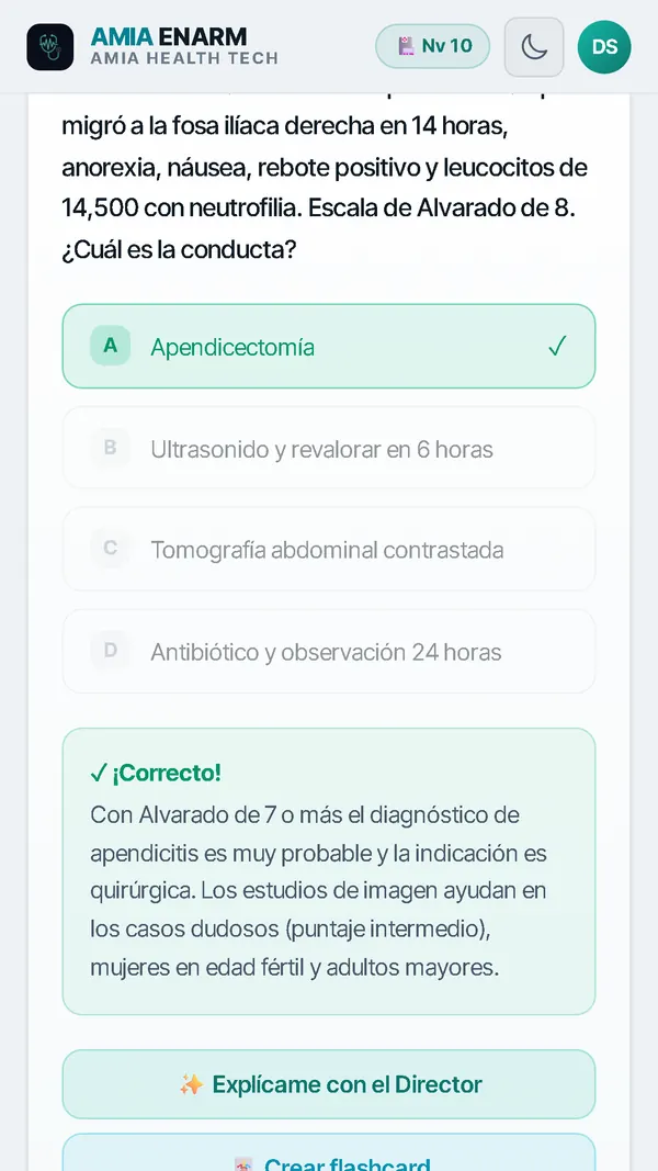 Pregunta del banco respondida: la opción correcta marcada y su explicación, con el botón para pedirle más al Director.