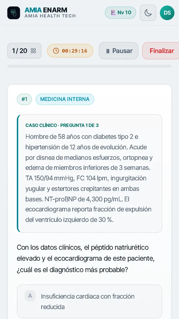 Simulacro en curso: viñeta de un caso clínico seriado, con el cronómetro del examen.