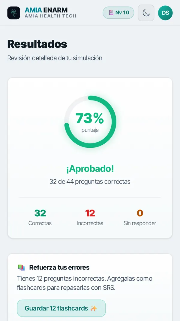 Resultados de un simulacro en AMIA ENARM: 73 % de puntaje, 32 correctas de 44 y los errores listos para repasar como flashcards.