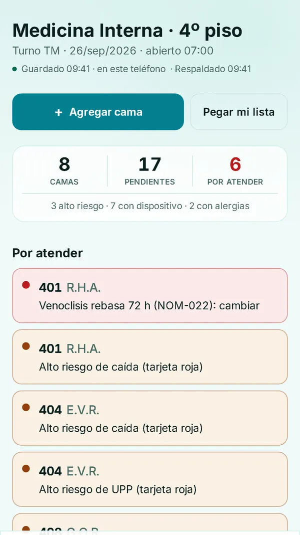Censo del turno en AMIA Enfermería: camas, pendientes y lo que está por atender, con las alertas de cada cama por iniciales.