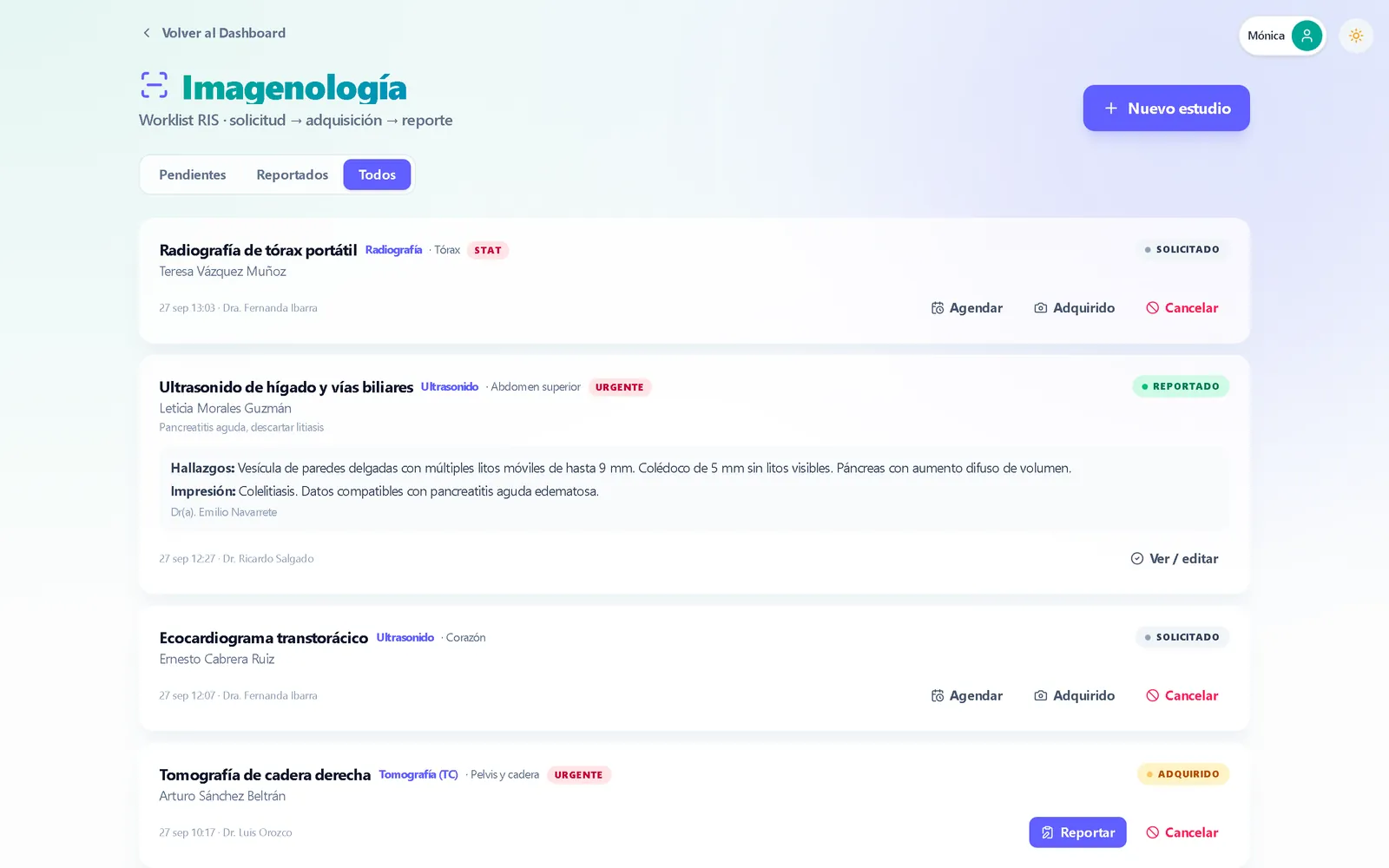 Worklist de imagenología con los estudios y su estado, y un ultrasonido reportado con hallazgos e impresión.