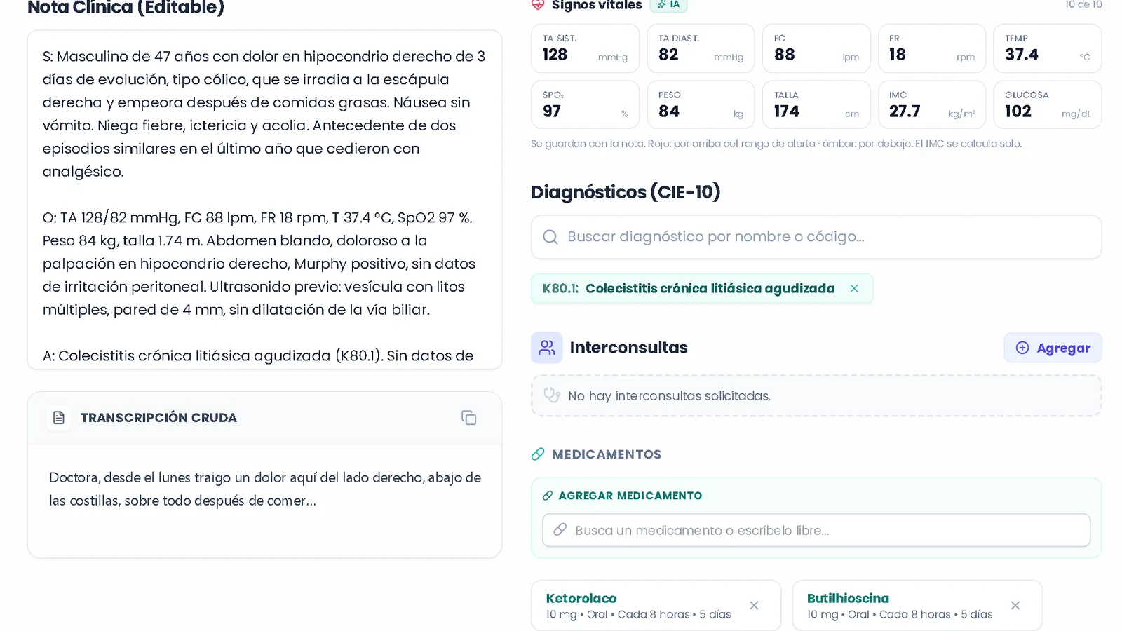 AMIA Médico en una laptop: la nota SOAP con el diagnóstico, los medicamentos y los estudios detectados.