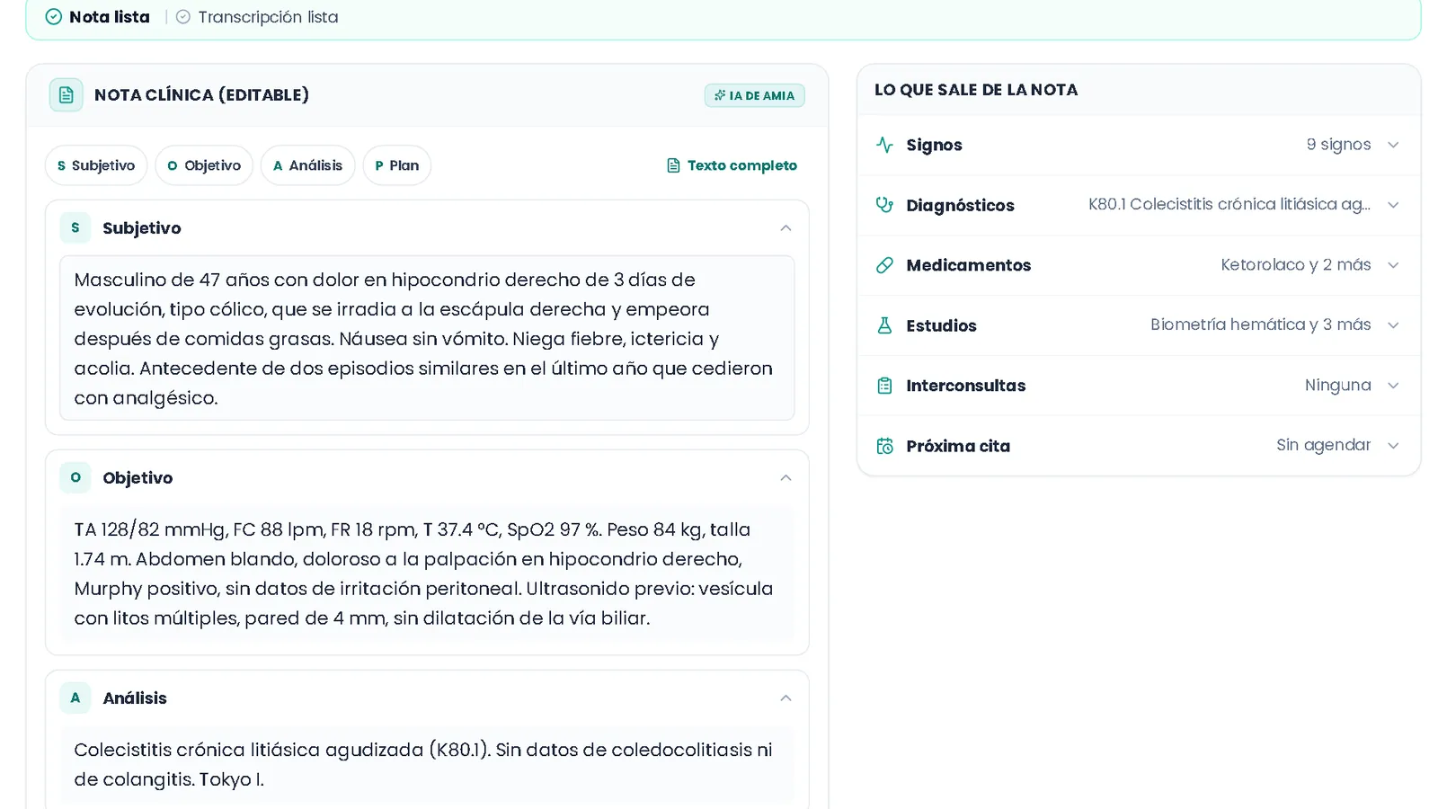 AMIA Médico en una laptop: la nota SOAP con el diagnóstico, los medicamentos y los estudios detectados.