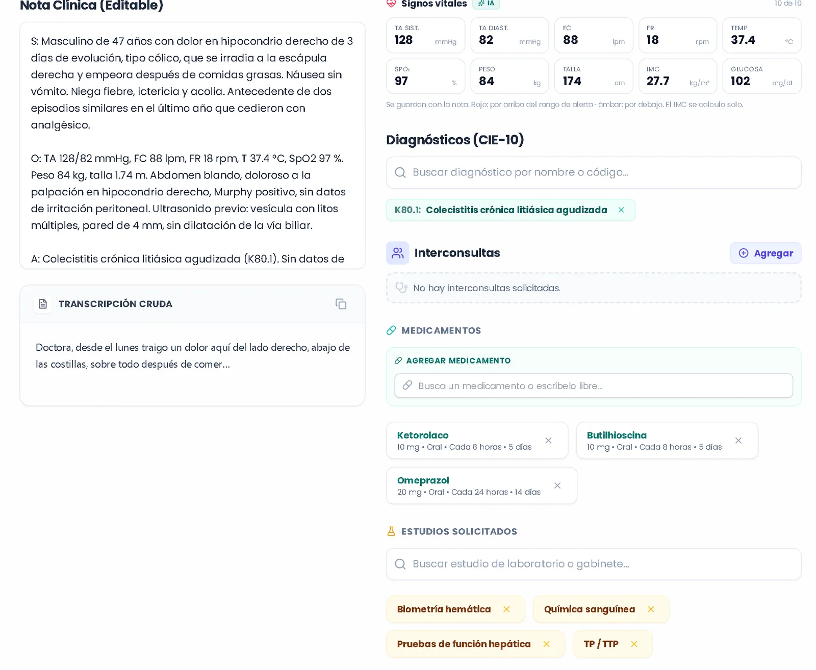 Consulta en AMIA Médico: la voz del médico transcrita y convertida en nota SOAP, con los diagnósticos y estudios detectados a un lado.