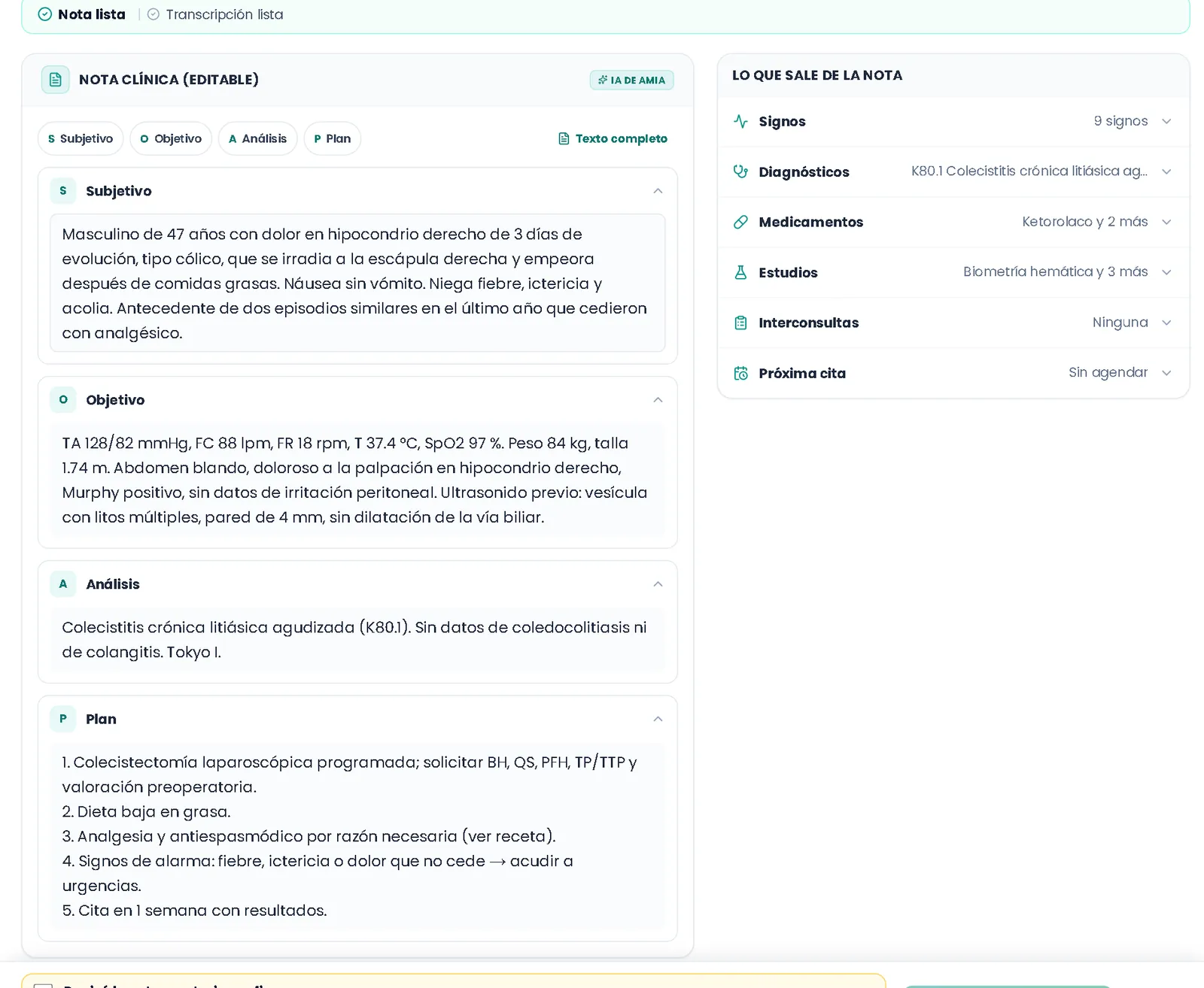 Consulta en AMIA Médico: la voz del médico transcrita y convertida en nota SOAP, con los diagnósticos y estudios detectados a un lado.
