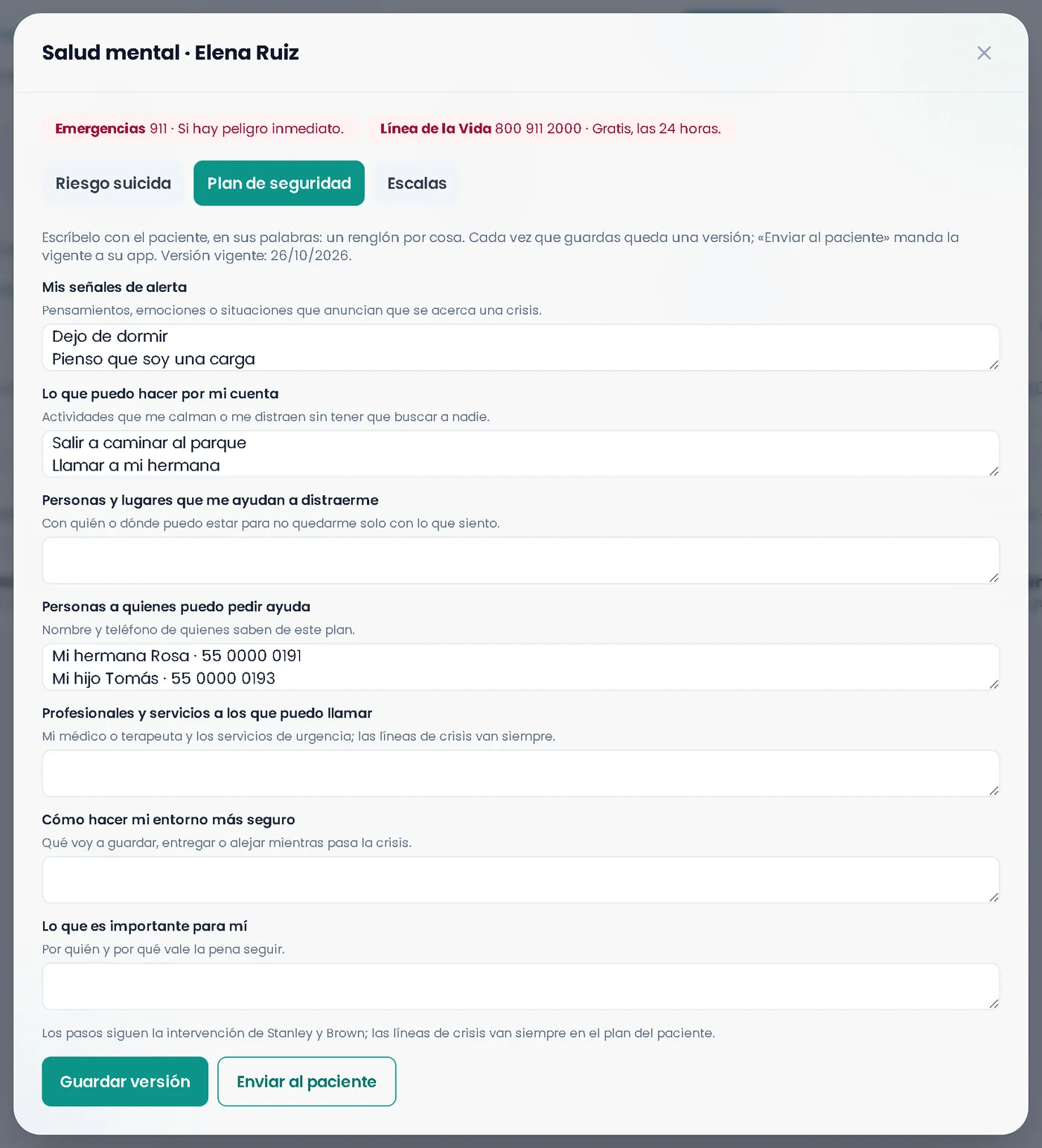 Plan de seguridad escrito con el paciente, por pasos, con guardar versión y enviar al paciente