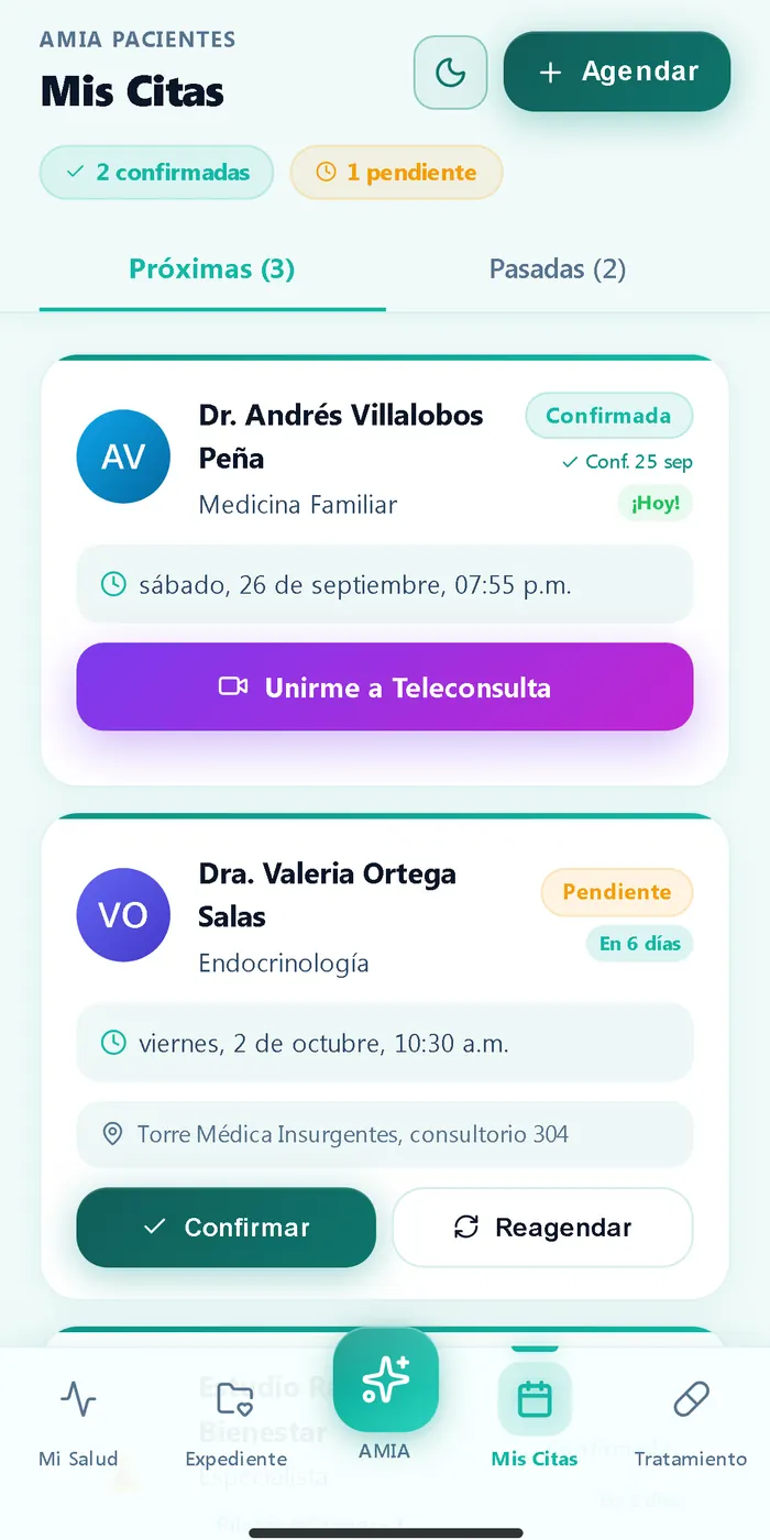 Mis Citas en AMIA Pacientes: la teleconsulta de hoy con el botón para unirse, y las próximas citas confirmadas.