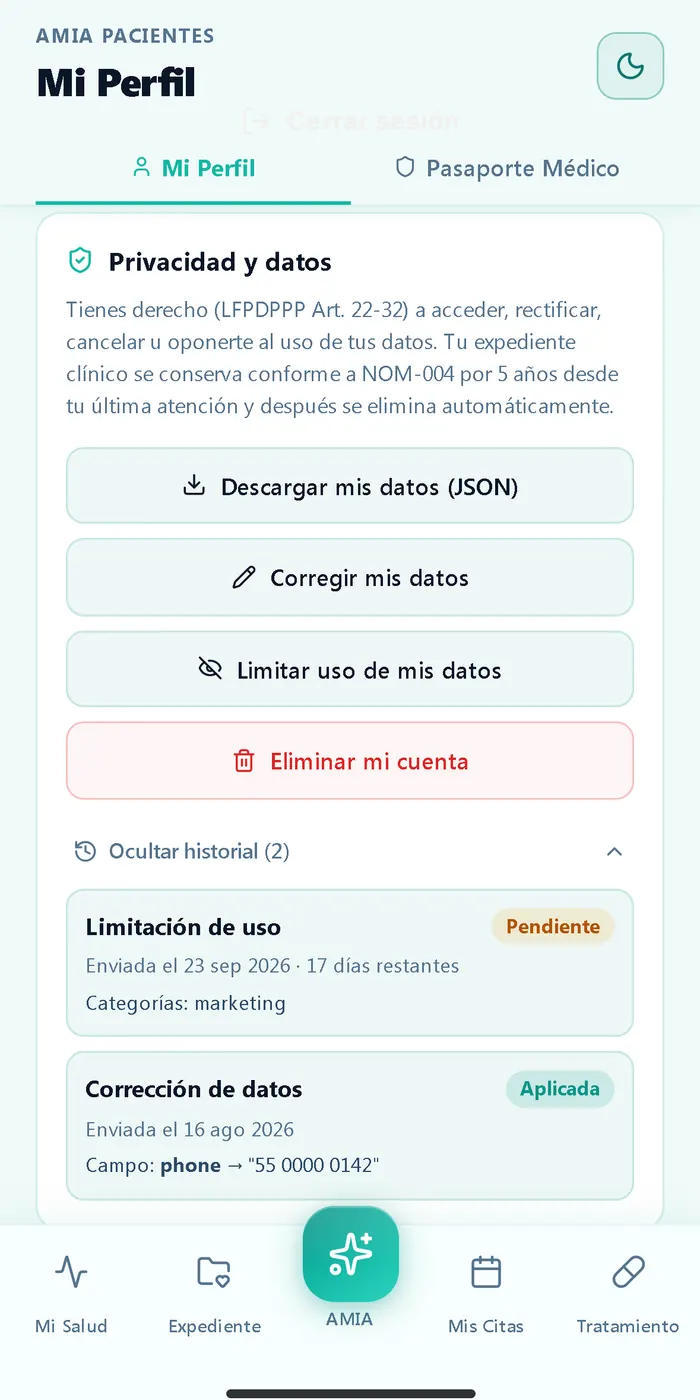 Privacidad y datos en AMIA Pacientes: descargar, corregir, limitar el uso o eliminar la cuenta, con el historial de solicitudes.