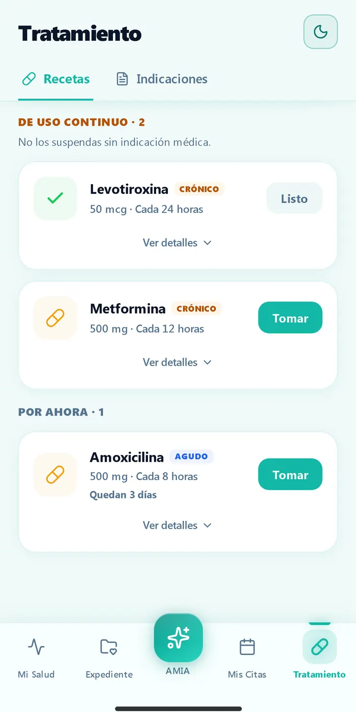 La app AMIA Pacientes con los medicamentos de la receta, listos para marcar cada toma.