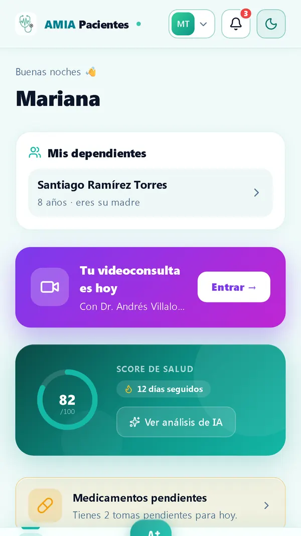 Inicio de la app AMIA Pacientes con la videoconsulta del día y los medicamentos pendientes.
