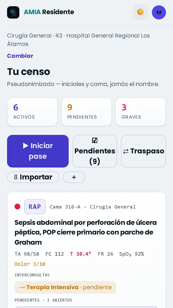 Censo de AMIA Residente: pacientes activos, pendientes y graves, cada uno por iniciales y cama.