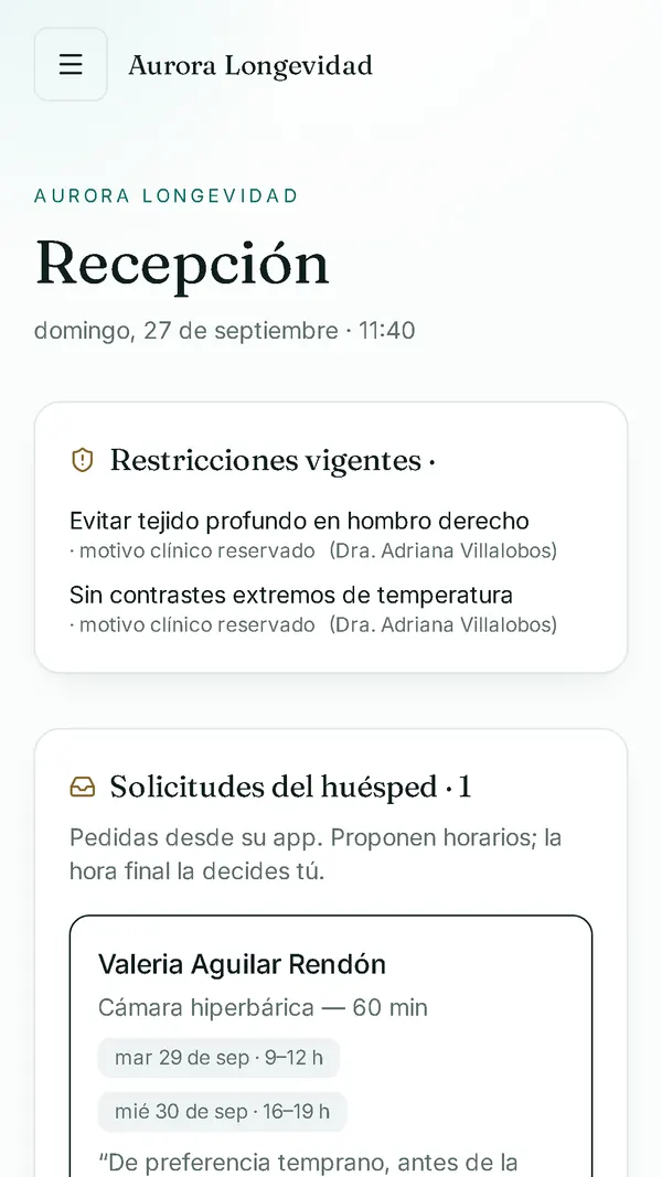 Recepción de AMIA Wellness con restricciones vigentes cuyo motivo clínico está reservado.