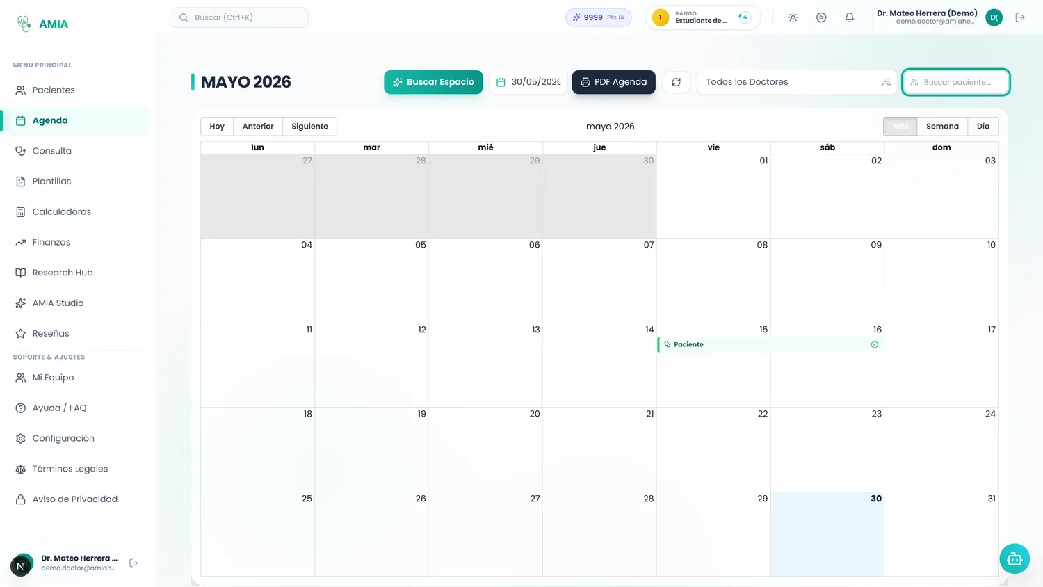 Agenda inteligente de AMIA con calendario mensual, recordatorios por WhatsApp y búsqueda de espacios con IA