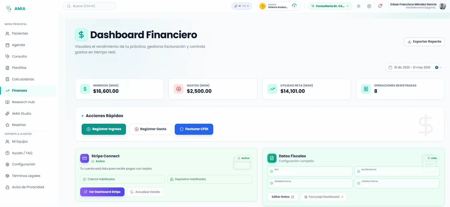 Dashboard Financiero de AMIA con ingresos, gastos y utilidad neta en vivo, Stripe Connect y datos fiscales CFDI 4.0