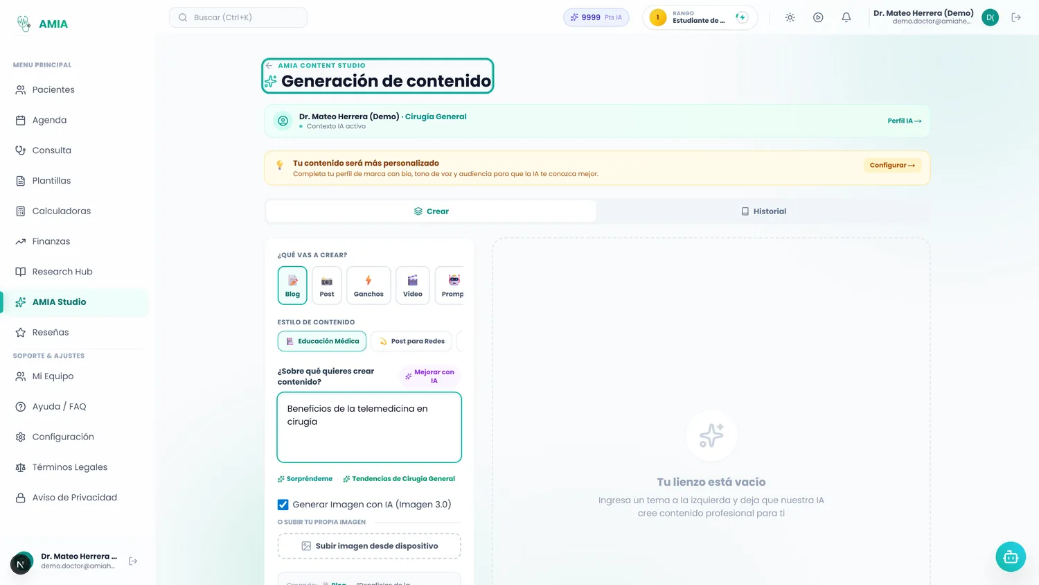 AMIA Studio: generador de contenido médico con IA para redes y blog, con creación de imágenes con IA