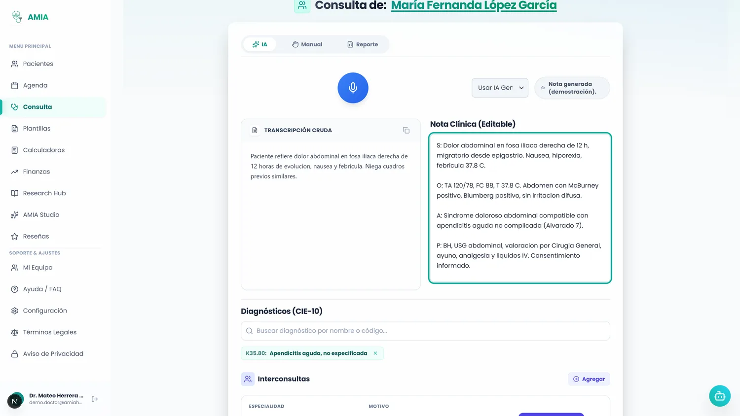 Consulta IA transcribe la consulta por voz y genera la nota clínica SOAP con diagnóstico CIE-10 automático