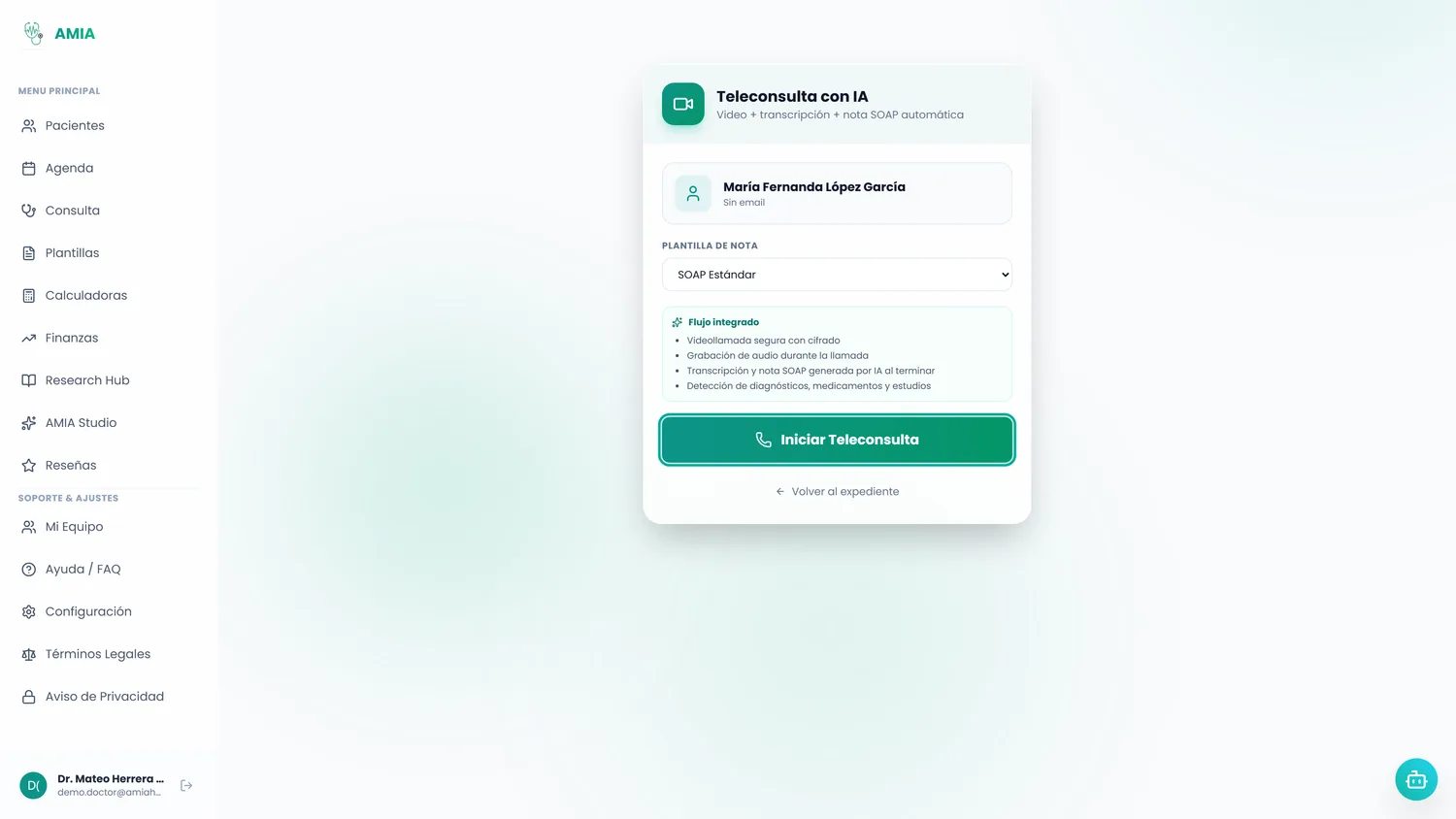 Teleconsulta con IA en AMIA: videollamada cifrada con transcripción y nota SOAP automática al terminar